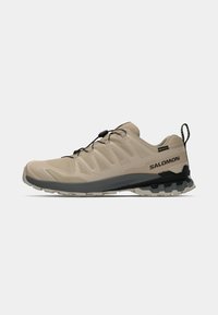 Beige Salomon terrengløpesko med svarte justerbare lisser, grå såle, trekkstropp og Gore-Tex-merke på siden.