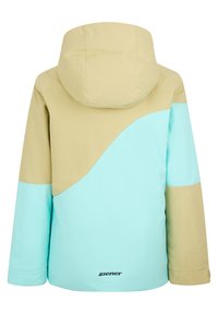 Hoodie mit einem geteilten Design, das einen hellbeigen oberen Teil und einen türkisfarbenen unteren Abschnitt aufweist, aus glattem, wasserabweisendem Material gefertigt.