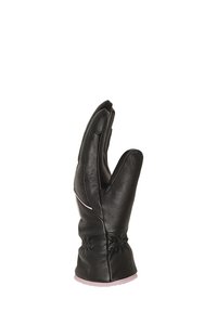 Schwarze Leder-Winterhandschuhe mit drei separaten Fingerabschnitten und elastischem Handgelenkband, entwickelt für kaltes Wetter.