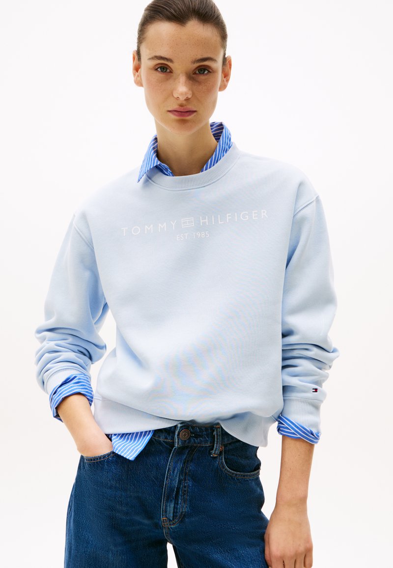 Ανοιχτό μπλε φούτερ με στρογγυλή λαιμόκοψη και λευκό κείμενο, φορεμένο πάνω από πουκάμισο με μπλε ρίγες. Συνδυασμένο με σκούρο τζιν.