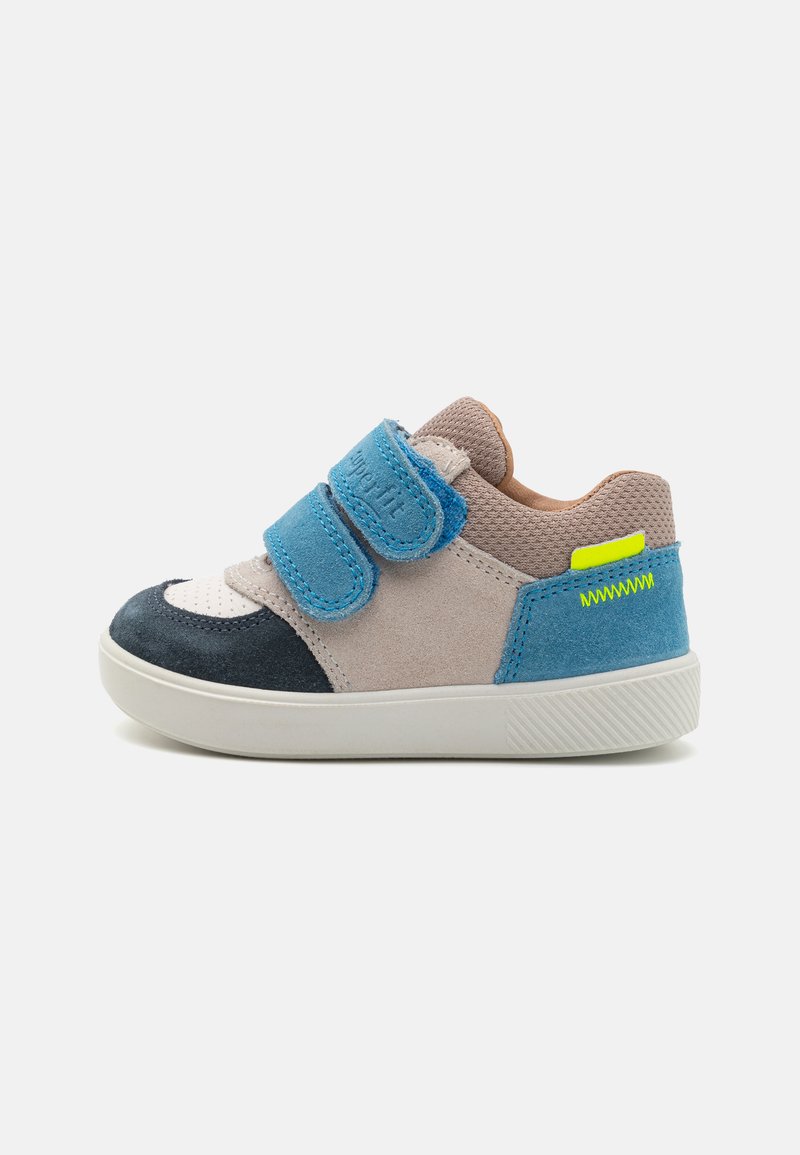 Velcro sneakers in blue, beige, and navy suede, featuring a textured upper, padded collar, and a white rubber sole with chevron pattern.