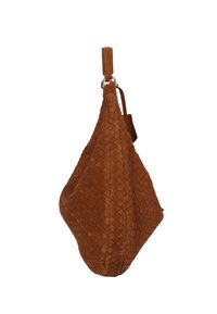 Braune gewebte Leder-Schultertasche mit einer lässigen Form, ausgestattet mit einem Griff und glatter Textur. Keine sichtbaren Beschläge oder Muster.