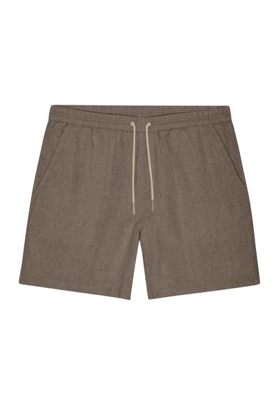 Shorts en lin marron avec taille élastique, cordon beige et poches latérales, présentés sur un fond blanc.