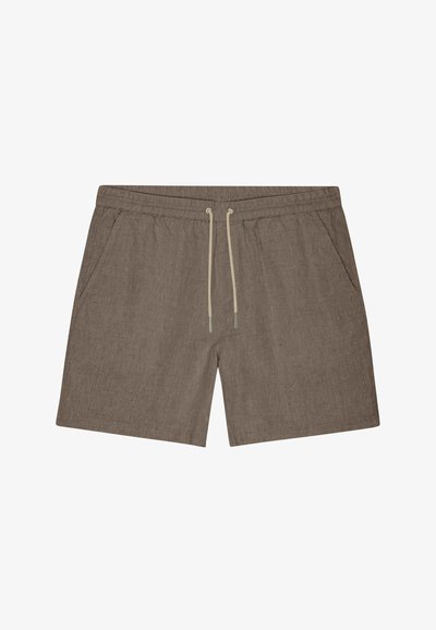 Shorts en lin marron avec taille élastique, cordon beige et poches latérales, présentés sur un fond blanc.