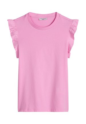 T-shirt rose sans manches avec encolure ronde et détails en tissu volanté sur les épaules.