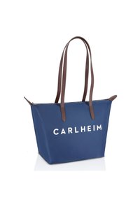 Sac fourre-tout bleu marine avec des bretelles d'épaule en cuir marron et un logo blanc "CARLHEIM". Il dispose d'une fermeture éclair et d'un design structuré.