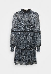 Zebratägg dress i genomskinligt tyg, med en samlad hals, långärmade och ett lager-på-lager avslut med svarta detaljer.