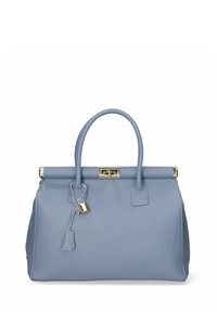 Bolso de mano de cuero azul claro con una forma estructurada, dos asas cortas y un cierre de broche en tono dorado. Incluye un charm removible.