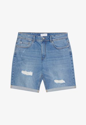 Modré denimové šortky s polovičným pásom, ktoré majú dva roztrhnuté záplaty a prehnutý lem. Obsahujú predné a zadné vrecká a zapínanie na gombík.