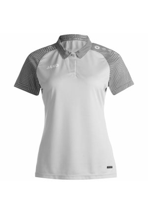 Polo shirt gris clair avec des accents rayés gris sur les épaules. Il dispose d'un col, de détails de boutons et d'un logo JAKO sur le devant.