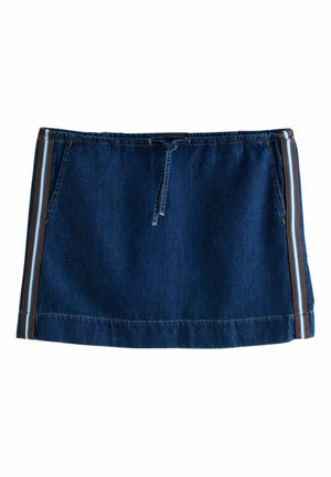 Mørkeblå denim mininederdel med brune og hvide stribede sidepaneler, forlommer og snøre i taljen.