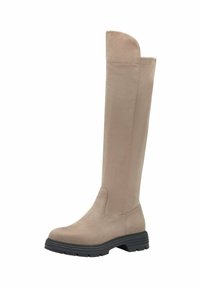 Cizme bej până la genunchi, din suede moale, cu o talpă plană din cauciuc negru, având vârful rotunjit și un design simplu și fin.