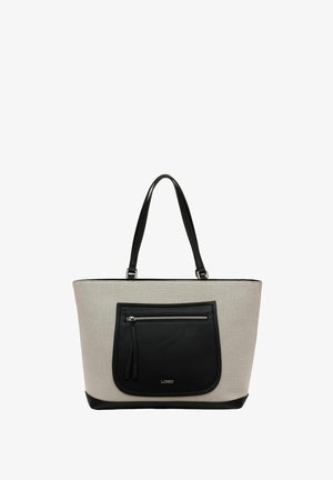 Canvas-Tote-Bag mit beigem Körper und schwarzen Kunstlederakzenten. Verfügt über einen oberen Reißverschluss, eine Vorderseite mit Reißverschluss und zwei schwarzen Tragriemen.