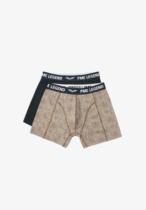 Two pairs of men's boxer shorts: one in dark blue cotton with a logo waistband, and another in brown textured fabric with contrasting stitching.