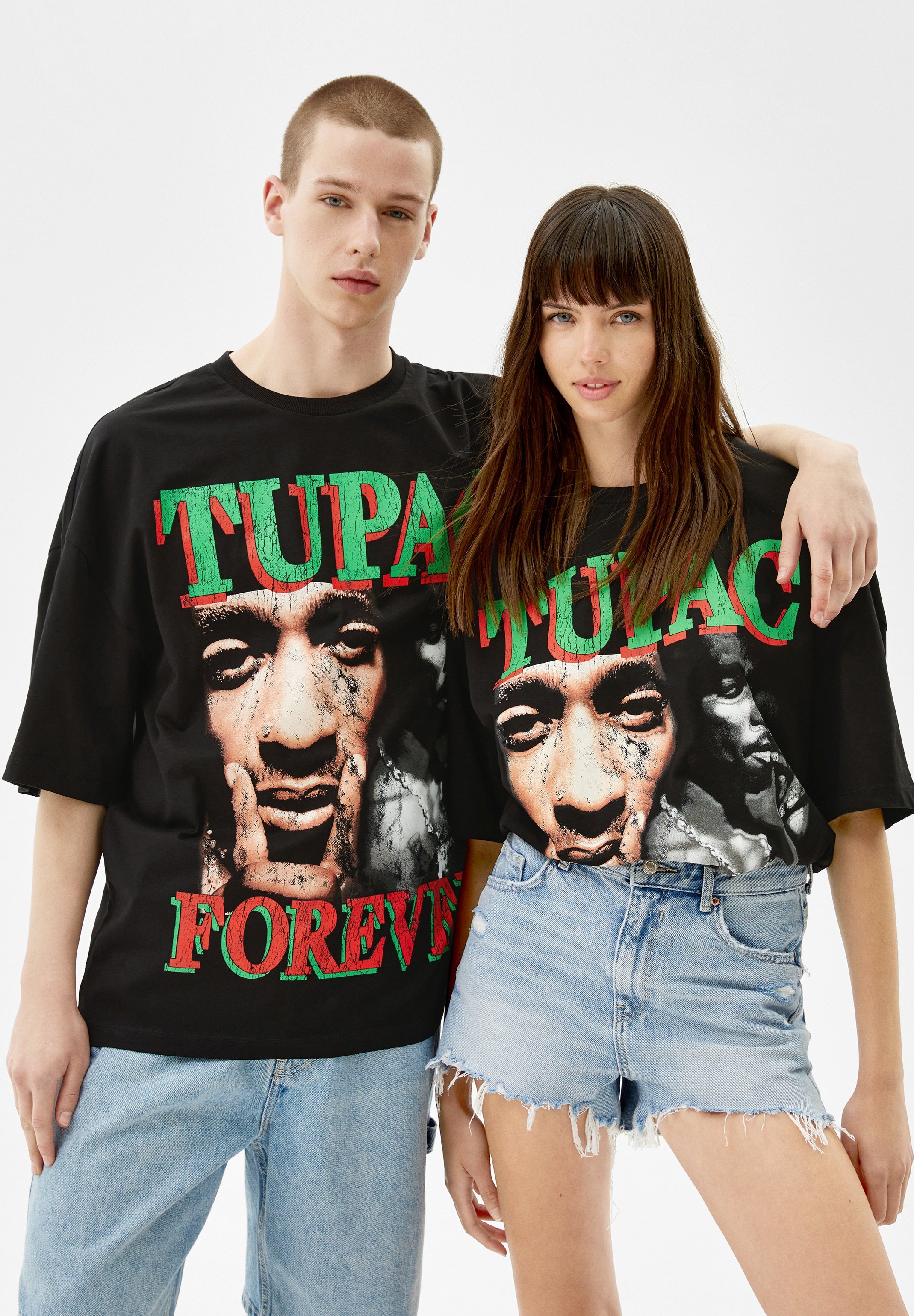 Bershka EXTRALOOSE TUPAC - T-shirt basic - black/zwart - Zalando.nl