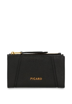 Schwarzes, strukturiertes Leder-Portemonnaie mit goldenem Reißverschluss und PICARD-Logo, vorne in goldenen Buchstaben geprägt.