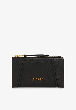Black textured leather wallet with gold zipper and PICARD logo embossed in gold letters on front.