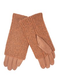 Ein Paar braune gestrickte und Wildlederhandschuhe mit gerippten Bündchen und einem kleinen Blumendetail am kleinen Finger.