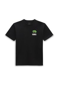 Camiseta de algodón negra con un pequeño gráfico de una palmera verde y el logo de "VANS" en el pecho. Diseño de mangas cortas y cuello redondo.