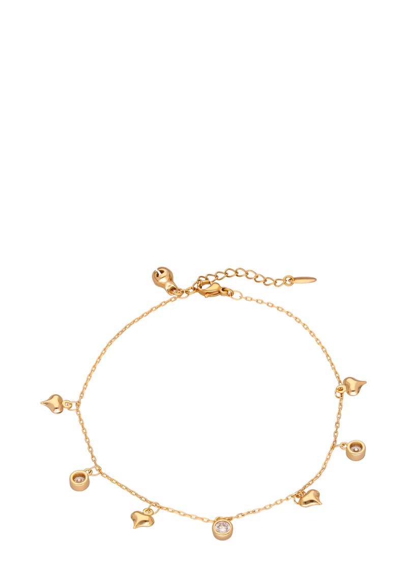 Guldtonet armbånd med en delikat kæde og runde og hjerteformede charms, herunder et med en klar ædelsten.