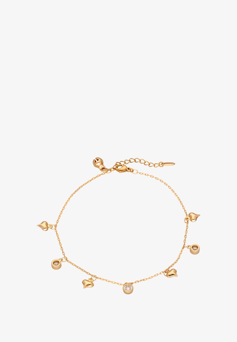 Guldtonet armbånd med en delikat kæde og runde og hjerteformede charms, herunder et med en klar ædelsten.
