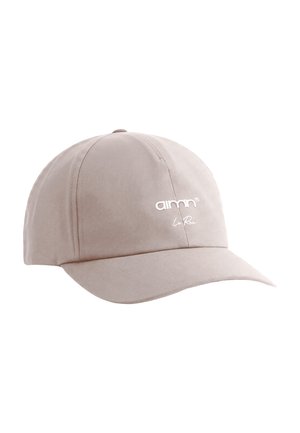 Beige baseballcaps med buet brem og hvit "aimn"-logo brodert på frontens midtpanel.