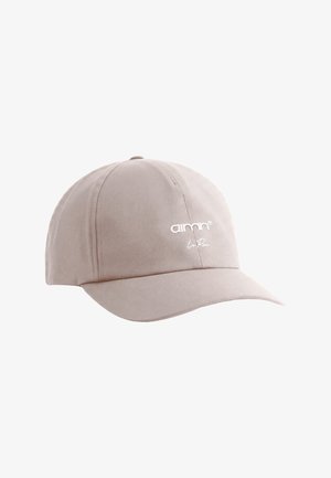 Gorra de béisbol beige con visera curva y logotipo blanco "aimn" bordado en el panel central frontal.