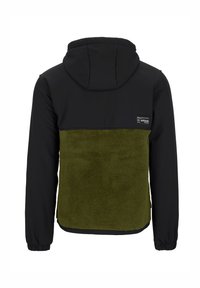 Gevoerde jas met een zwarte bovenkant en een olijfgroene fleece onderkant, voorzien van elastische manchetten en een label op de bovenrug. Zachte textuur.