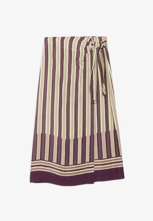 Jupe portefeuille midi à rayures verticales crème et bordeaux, nouée par un nœud à la taille, avec un ourlet à motif zigzag.