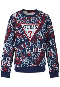 Navyblauwe sweatshirt met een meerkleurige, herhalende tekstprint, een opvallend driehoekig logo, geribbelde boorden en afwerking. Gemaakt van zacht stof.