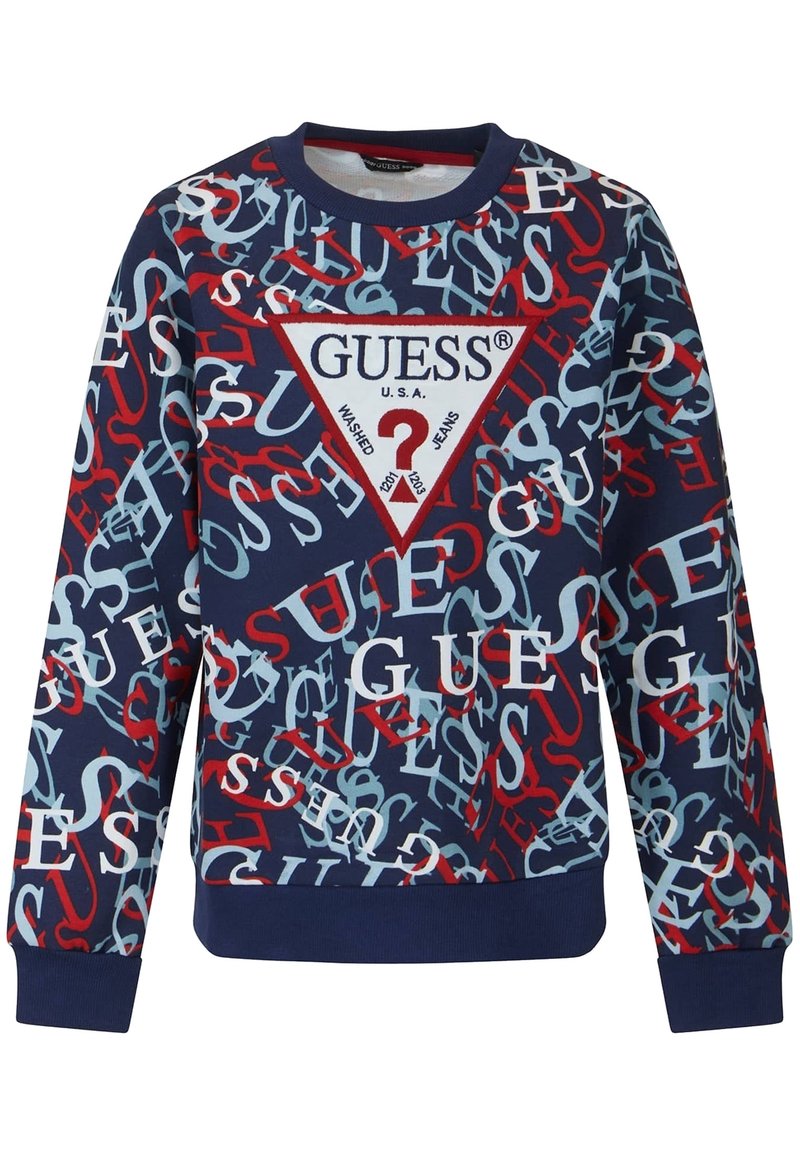 Navyblauwe sweatshirt met een meerkleurige, herhalende tekstprint, een opvallend driehoekig logo, geribbelde boorden en afwerking. Gemaakt van zacht stof.