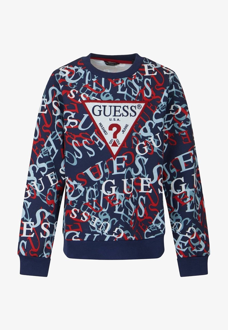 Navyblauwe sweatshirt met een meerkleurige, herhalende tekstprint, een opvallend driehoekig logo, geribbelde boorden en afwerking. Gemaakt van zacht stof.