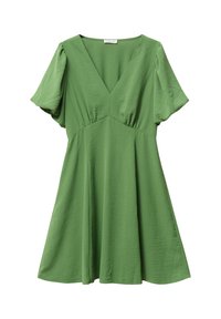 Robe verte à manches courtes en tissu léger avec un décolleté en V, une taille cintrée et une jupe évasée pour une silhouette décontractée.