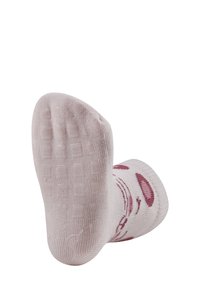Rosa Socke mit einer strukturierten Sohle, die übergriffige Muster verfügt. Der Schaft hat ein einfaches dekoratives Design in einem dunkleren Rosaton.