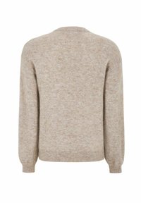 Bež pulover s pletenjem, dolgimi rokavi, okroglim izrezom ter rebrastimi manšetami in robom. Mehak videz z subtilnim heather vzorcem.