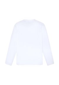 Pitkähihaiset valkoiset T-paita, valmistettu pehmeästä puuvillasta, jossa on pyöreä pääntie ja yksinkertainen muotoilu ilman näkyviä logoja tai kuvioita.