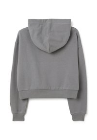 Grijze cropped hoodie met een capuchon, gemaakt van zachte katoen. Voorzien van ribgebreide manchetten en zoom, schoon ontwerp zonder zichtbare patronen of accenten.