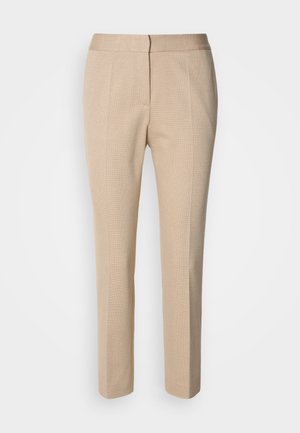 Beige maßgeschneiderte Hose aus strukturiertem Stoff, schlanker Schnitt, mittlere Taille und gerades Bein-Design. Knopf- und Reißverschluss vorne.