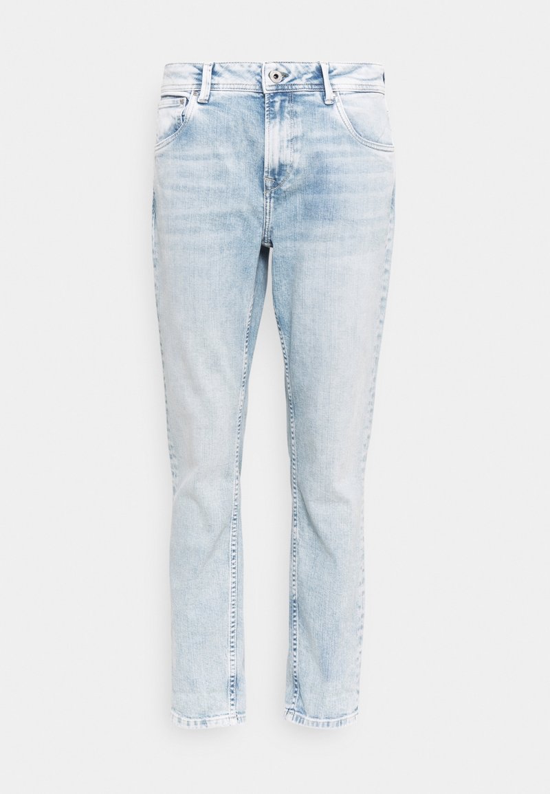 Light blue faded denim jeans with front button, zipper, and five-pocket design on a white background.