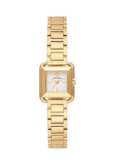 Polshorloge van metaal met goudkleurige finish, vierkante witte wijzerplaat, gouden markers en Tory Burch-logo op de 12-uurspositie, geschakeld armband.