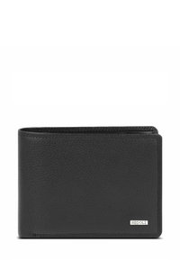Portafoglio in pelle nera con superficie texture, design bi-fold e un piccolo logo in argento. Forma compatta, adatta per la conservazione in tasca.