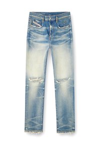 Light blue denim jeans with a slight fade, distressed knee rips, straight-leg cut, five pockets, and frayed hems.