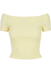 Haut court jaune à côtes, décolleté épaules dénudées, manches courtes, coupe ajustée, texture douce. Idéal pour une tenue décontractée ou estivale.