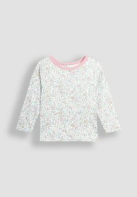 Långärmad topp i lätt tyg, med ett blommönster i rosa, orange och gröna nyanser, samt en ribbad rund halsringning i rosa.
