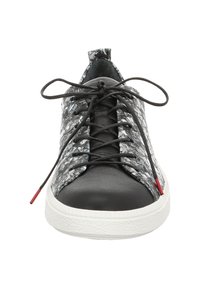 Black and gray sneaker with a textured fabric upper, black leather toe cap, white rubber sole, and black laces with red tips.