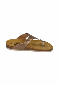 Brown leather slide sandal with a cork footbed, transparent toe post, and minimalist design. Features smooth texture and subtle shine.