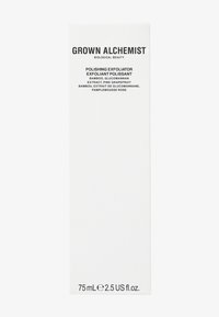 Białe prostokątne opakowanie dla Polerskiego Ekfoliatora Grown Alchemist, z czarnym tekstem, pojemność 75 ml, z wyraźnie wyeksponowanymi szczegółami dotyczącymi składników.