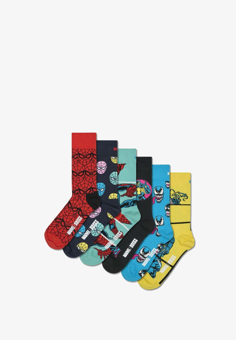 Six paires de chaussettes en coton présentant des motifs colorés : rouge avec des toiles d'araignée noires, noir avec des personnages vifs et jaune avec des accents noirs.