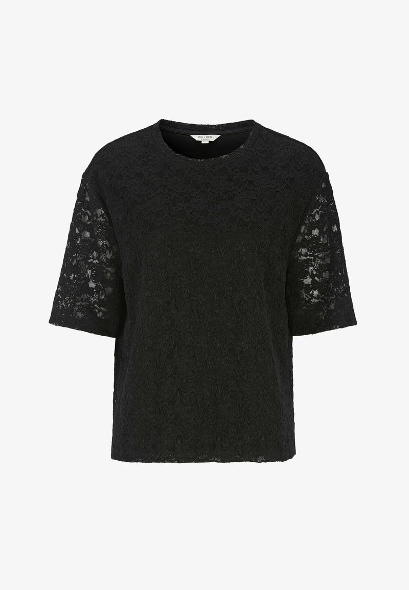 Sort kortærmet bluse i blonde med rund halsudskæring og semi-gennemsigtig blomstret blonde mønster på ærmerne og kroppen.