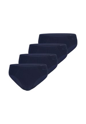 Vier marineblaue Herren-Slips diagonal angeordnet, Vorderansicht mit sichtbaren Nähten und kleinem Logo am Bund.